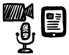 Hand-drawn image of a video camera, microphone, and tablet